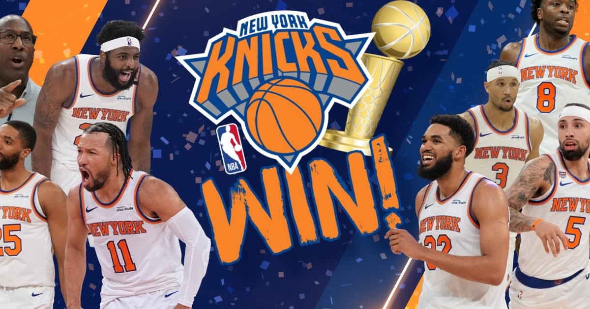 New York Knicks fans celebrating in crowded streets outside Madison Square Garden at night