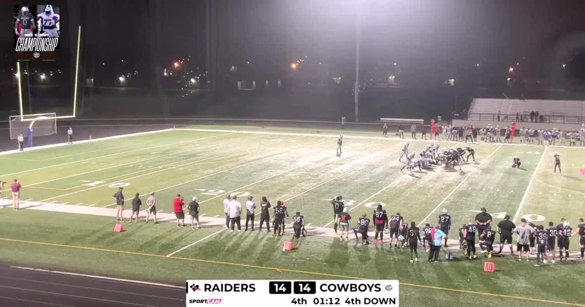 Racine Raiders football team celebrating championship victory on field after game-winning field goal