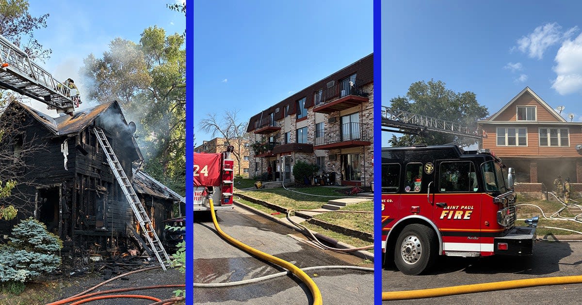 Three fire-damaged homes in St. Paul showing firefighter rescue operations and emergency response efforts