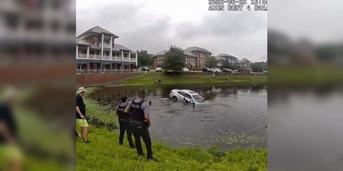 First responders and Good Samaritans form human chain in pond water rescuing driver from sinking car