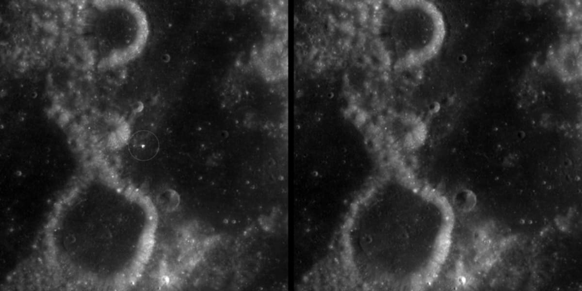 Before and after moon images showing newly formed McGetchin Crater with bright ejecta pattern