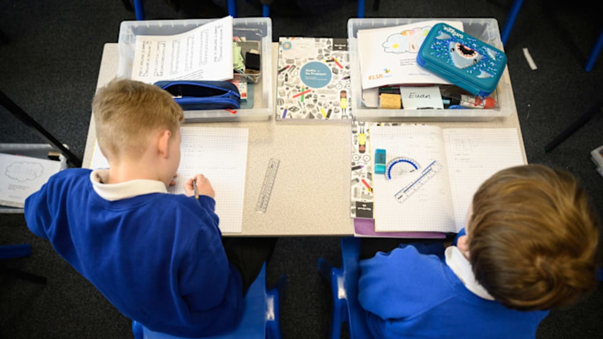 Students learning together in a bright English classroom with teacher guidance