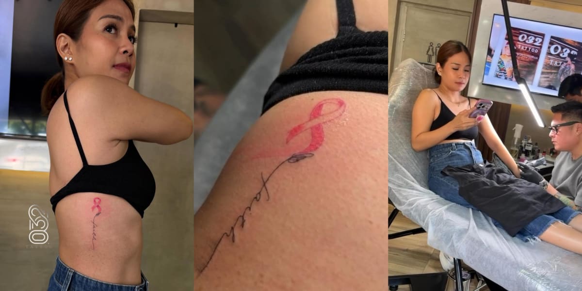 Kaye Abad receiving pink ribbon tattoo on rib cage at Cebu tattoo studio