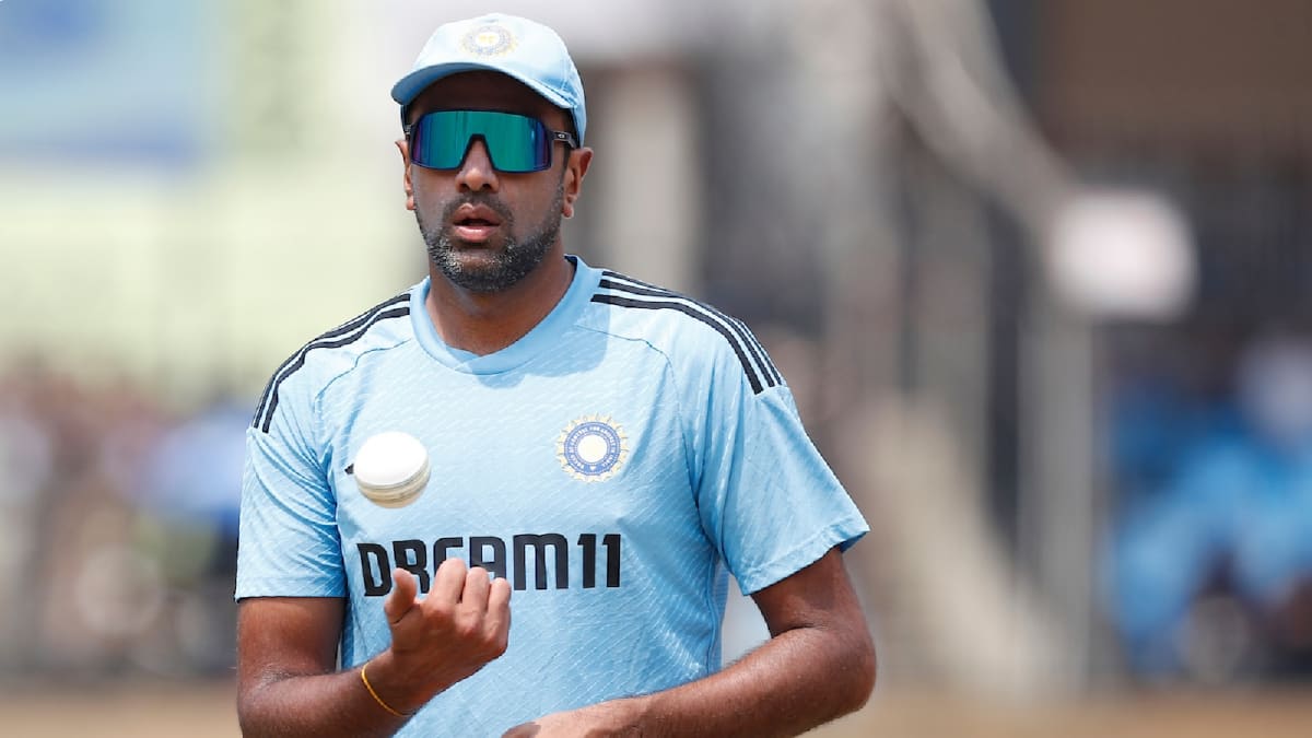 Cricket player R. Ashwin in action bowling during an international match in India