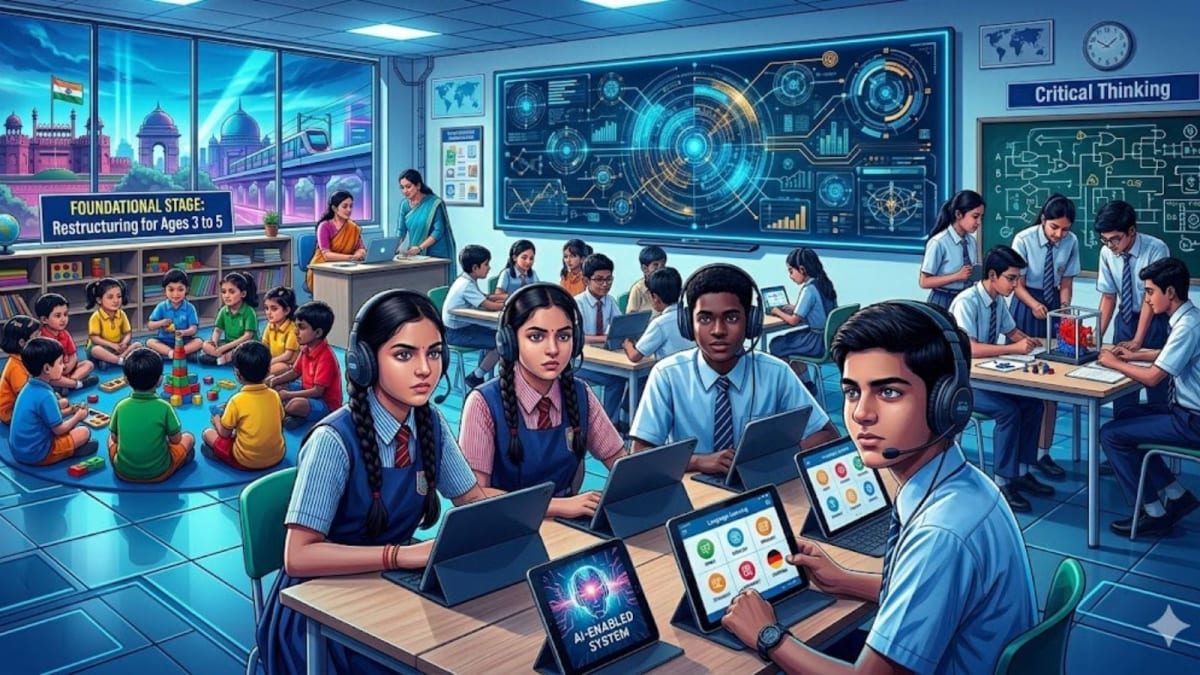 ** Students using computer workstations in modern language learning lab with headphones and interactive screens