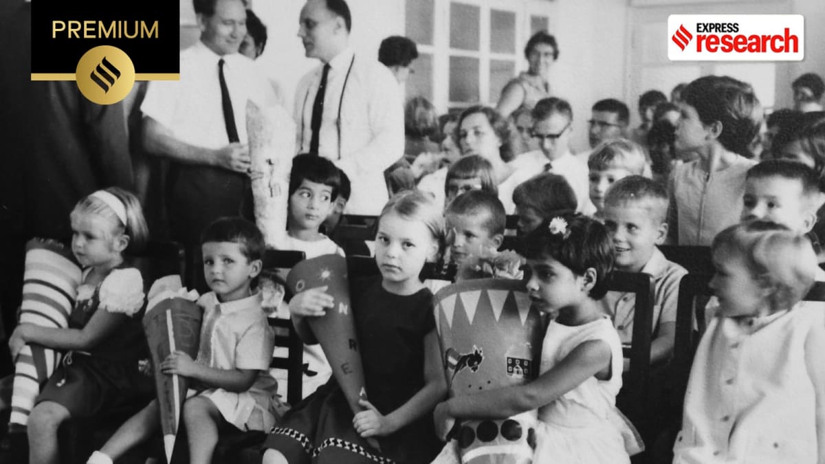 ** Historic photograph of Deutsche Schule Bombay school building with students gathered outside