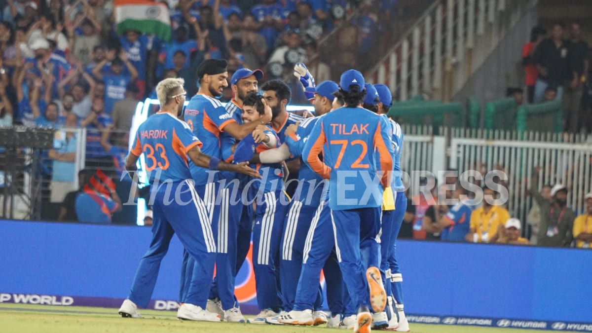 Indian cricket team players celebrate together after winning the T20 World Cup final in Ahmedabad