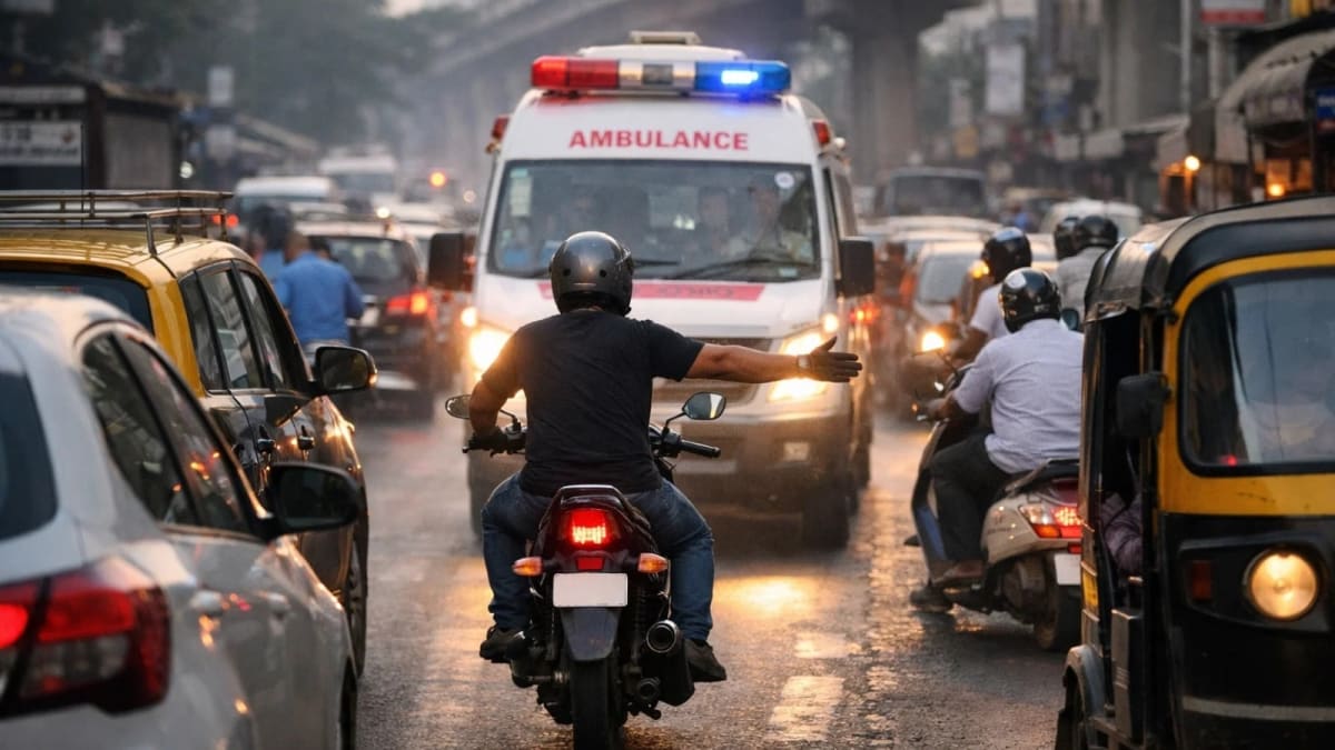 Motorcyclist riding ahead of ambulance through congested Mumbai traffic, helping clear a path