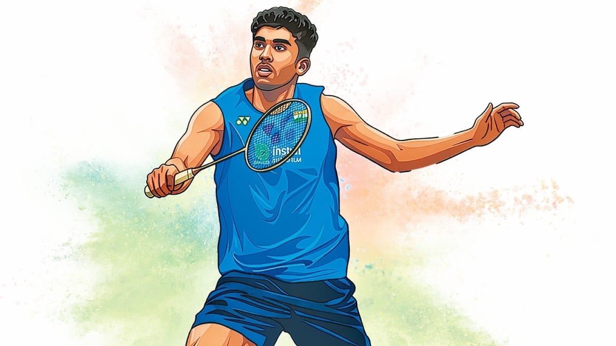 Ayush Shetty holds badminton racquet during match at Asia Championships in China