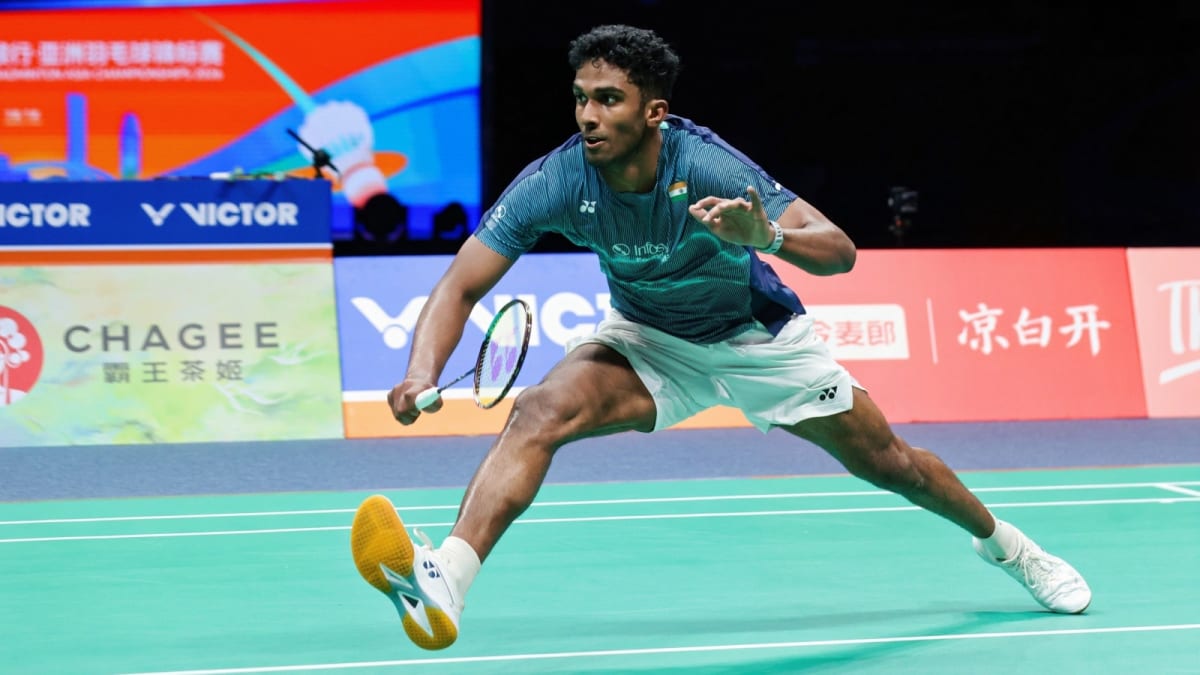 Indian badminton player Ayush Shetty competing at Badminton Asia Championships in China