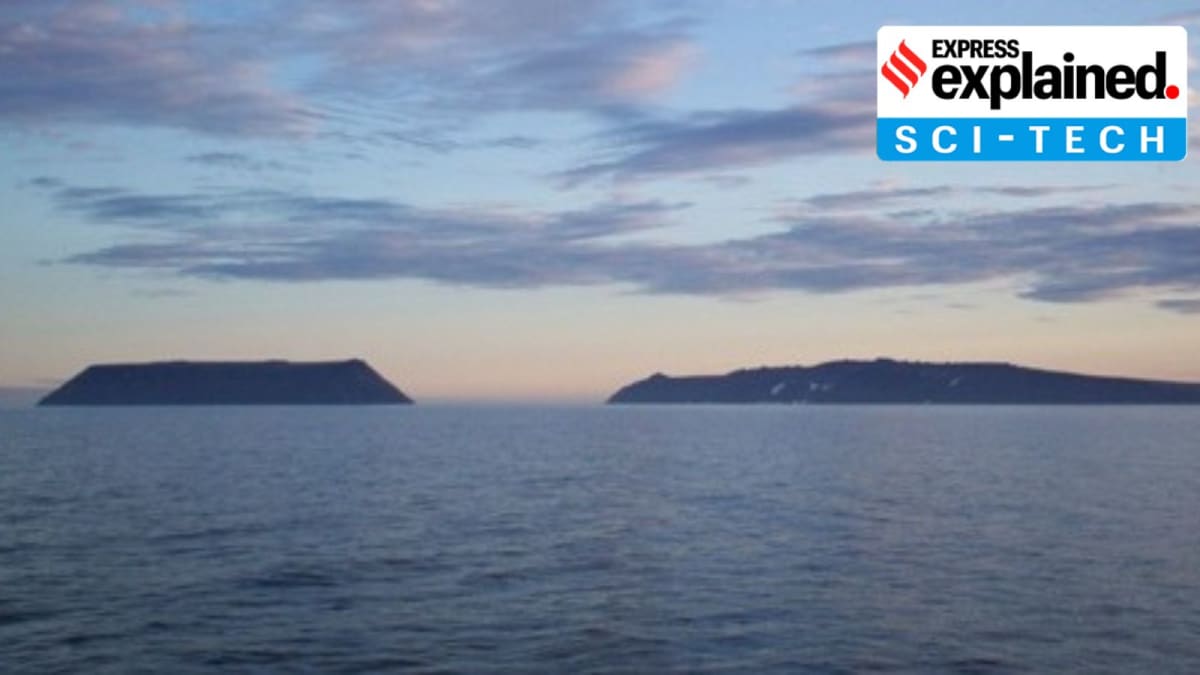 ** Satellite view of Bering Strait showing narrow waterway between Russia and Alaska