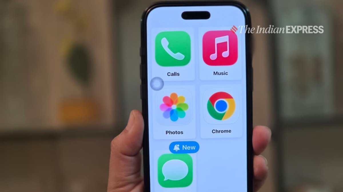 iPhone screen showing simplified Assistive Access interface with large app icons for elderly users