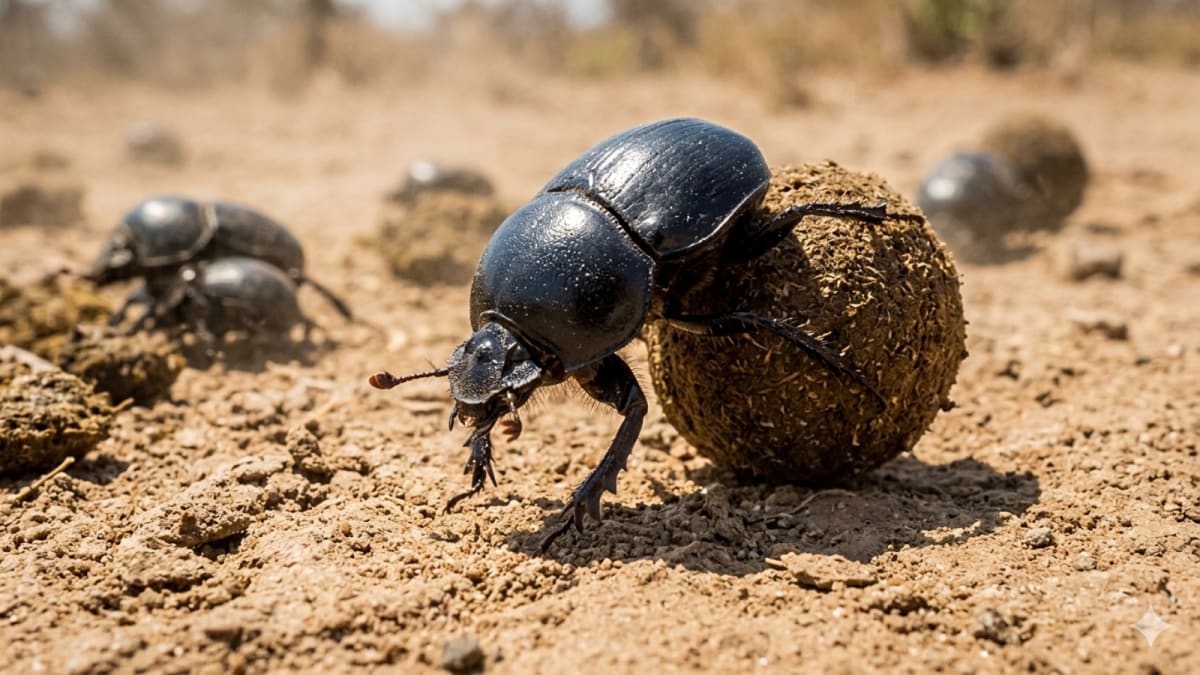 African dung beetle rolling dung ball under starry night sky with Milky Way visible