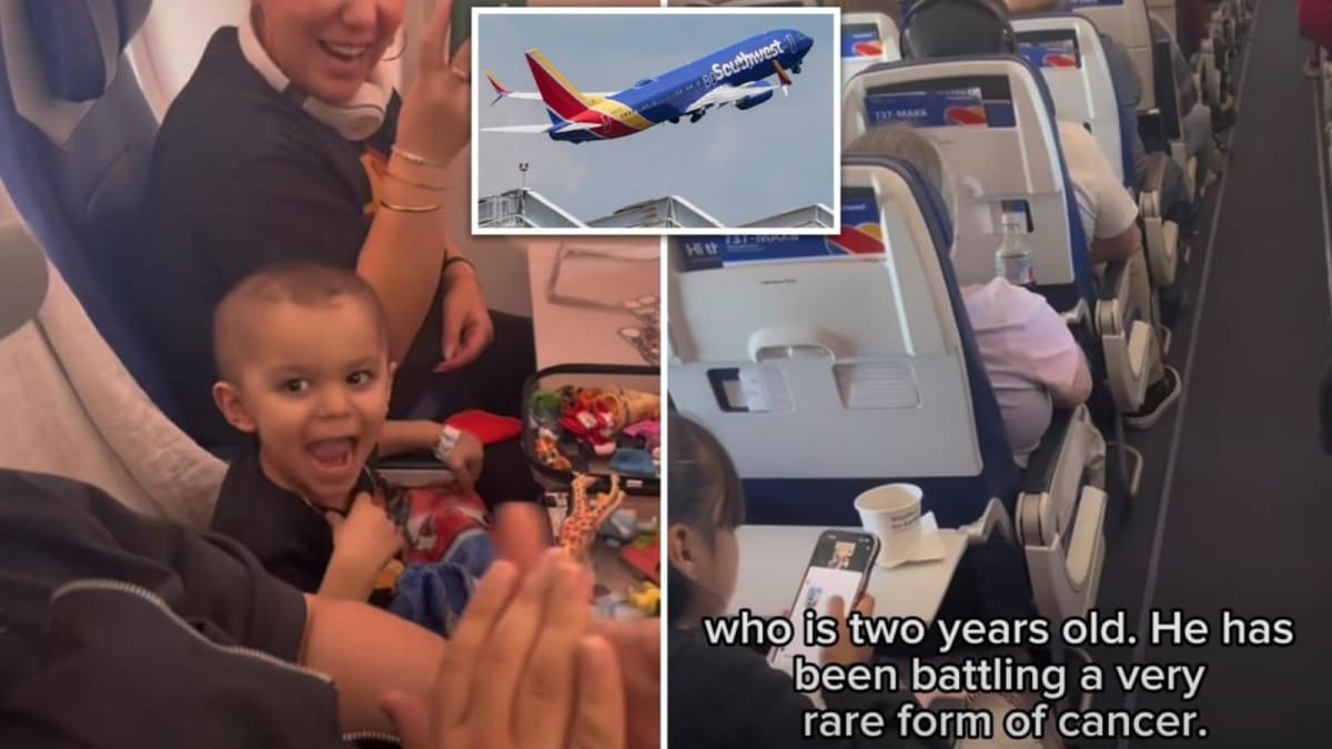 Smiling two-year-old Cruz sitting between parents on airplane after cancer-free announcement