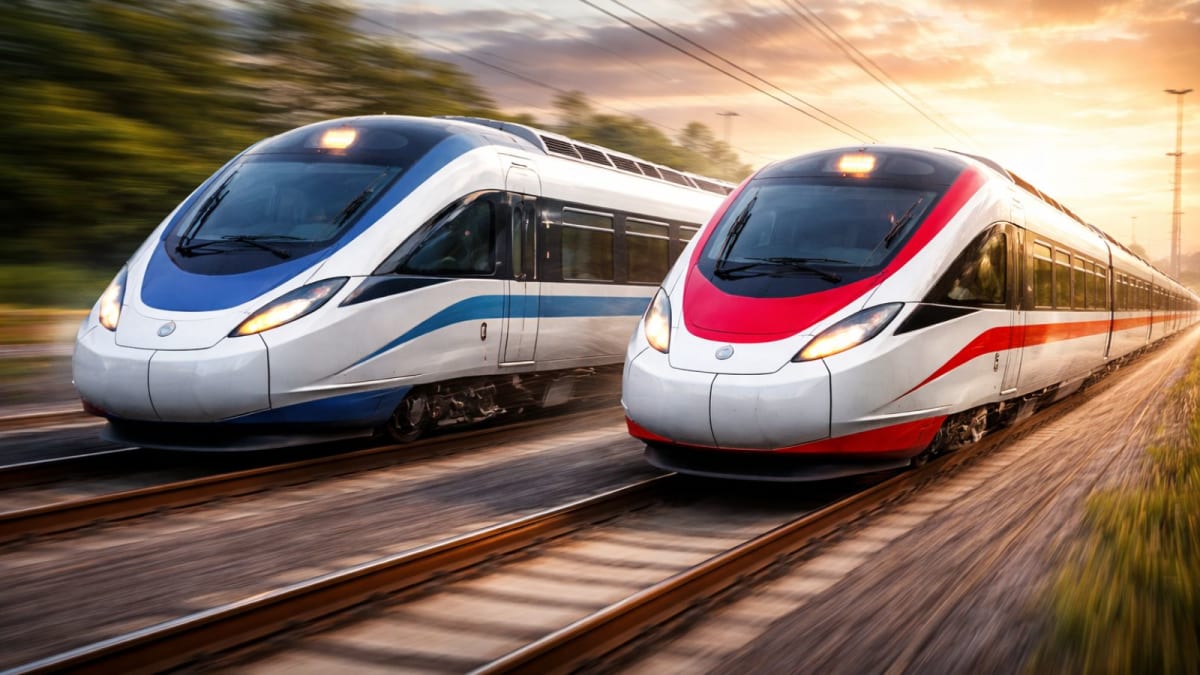 Modern high-speed train on railway tracks representing India's next-generation 220 kmph trains