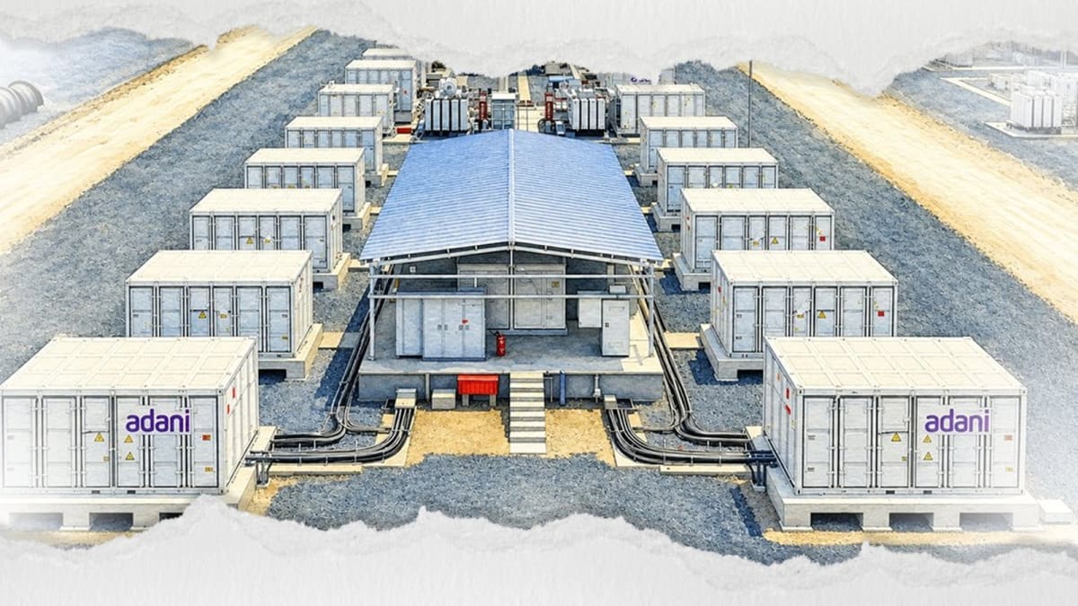 ** Massive battery storage facility with solar panels in Gujarat, India's renewable energy infrastructure