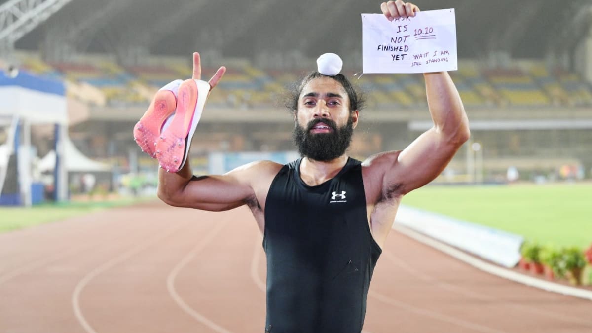 Gurindervir Singh celebrating after breaking India's 100-meter sprint record at Federation Cup