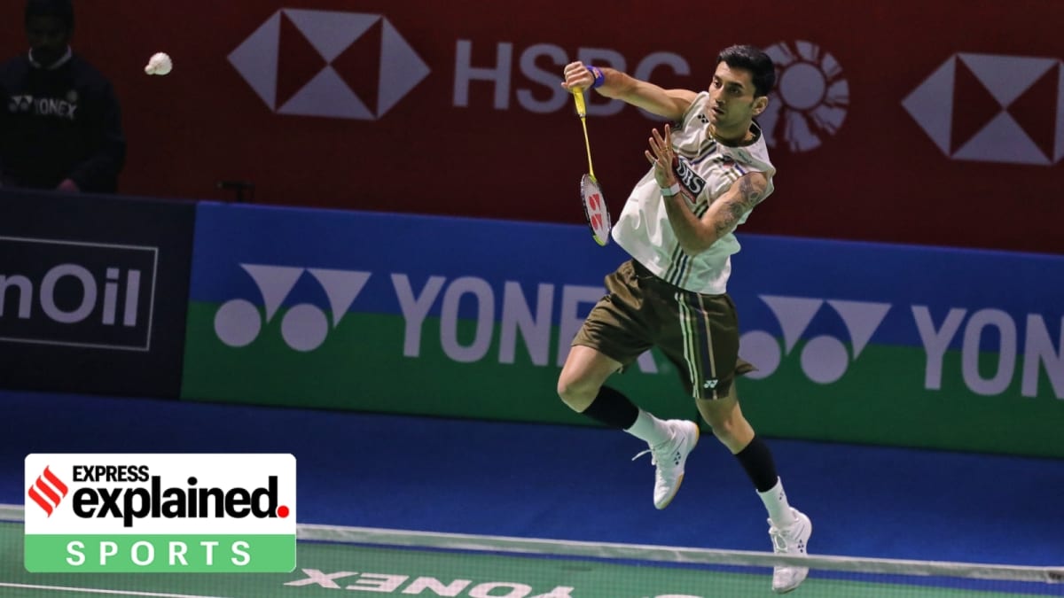 Indian badminton player Lakshya Sen executing a precise shot during competitive match at IGI Stadium