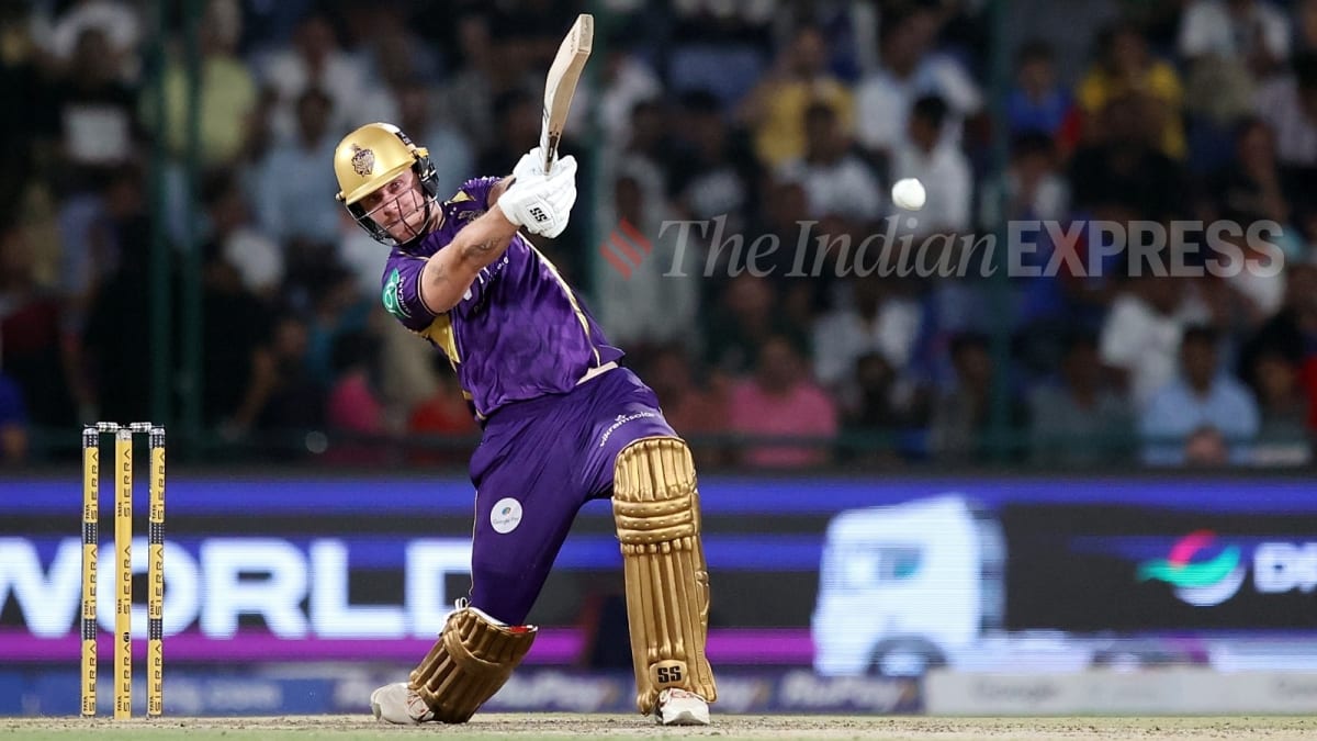 ** Finn Allen celebrating his maiden IPL century for Kolkata Knight Riders with bat raised