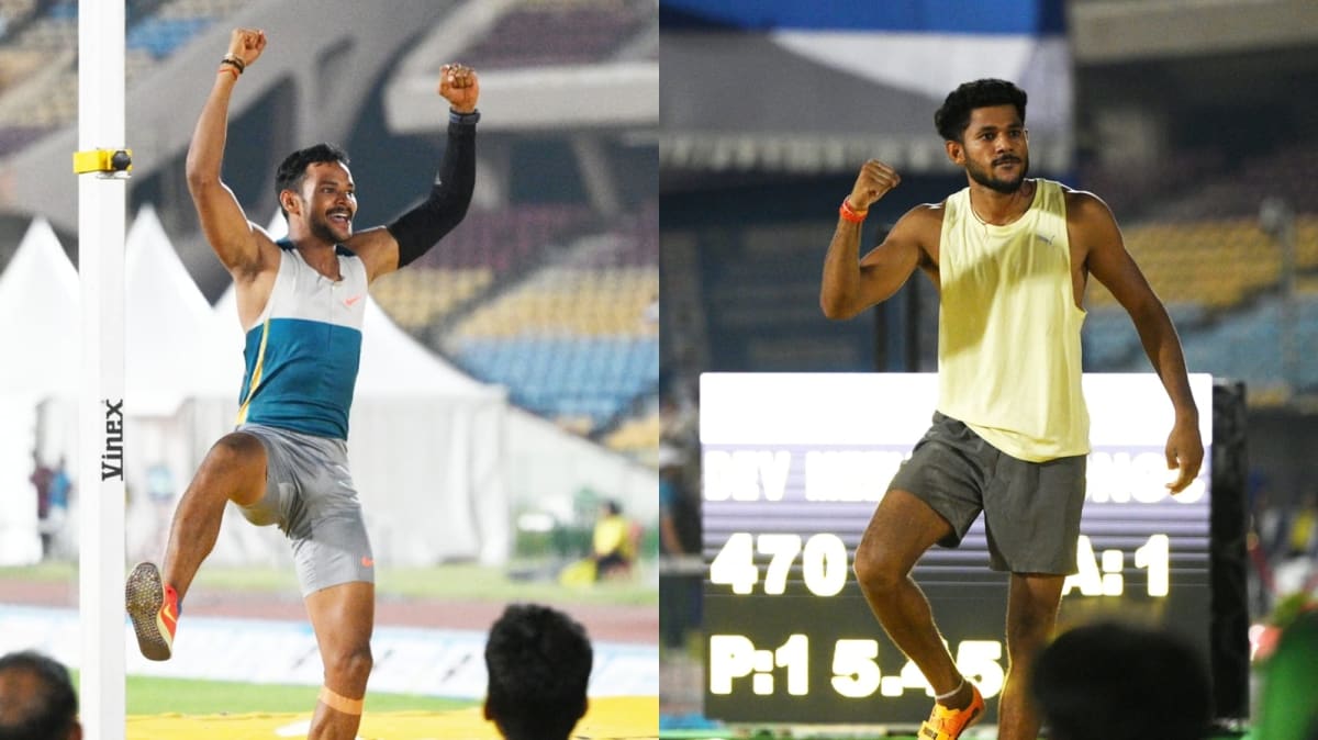 ** Two Indian pole vaulters celebrating after breaking national record at Federation Cup athletics competition
