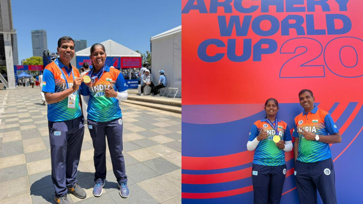 Seventeen-year-old Indian archer Kumkum Mohod celebrates with teammates after winning team gold medal