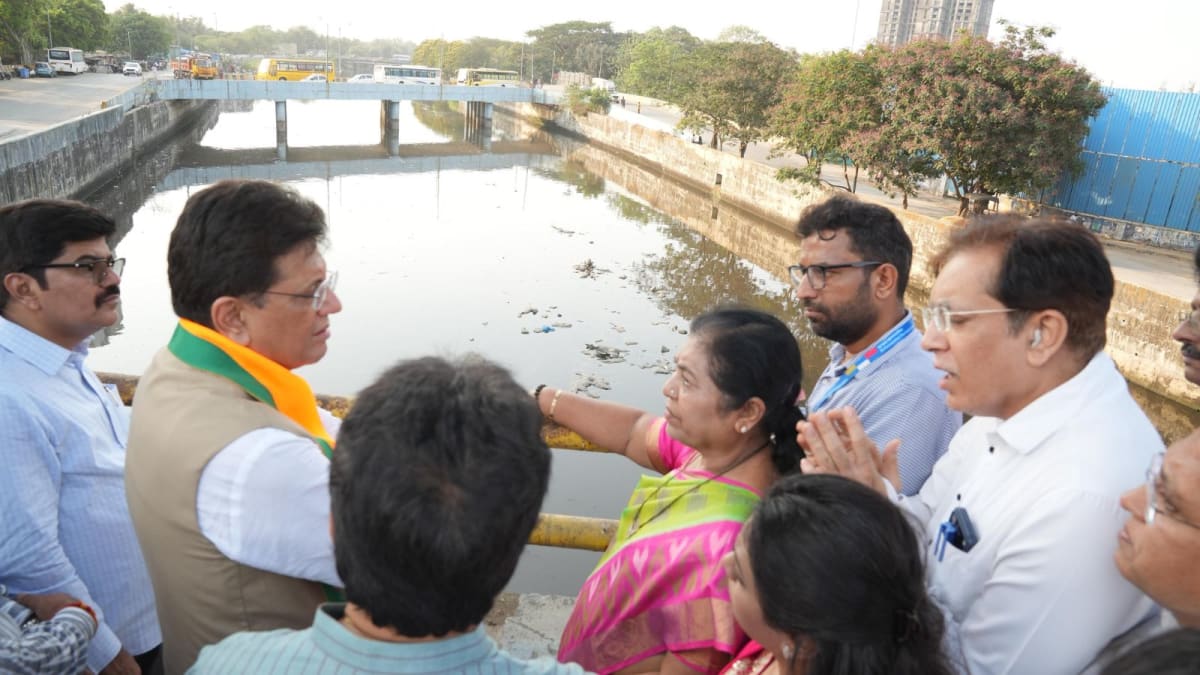 Dahisar River flowing through Mumbai with new sewage treatment infrastructure along its banks