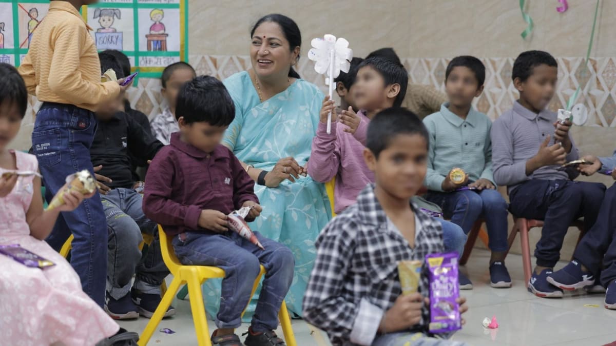 Delhi Chief Minister Rekha Gupta interacting with children at Village Cottage Home facility