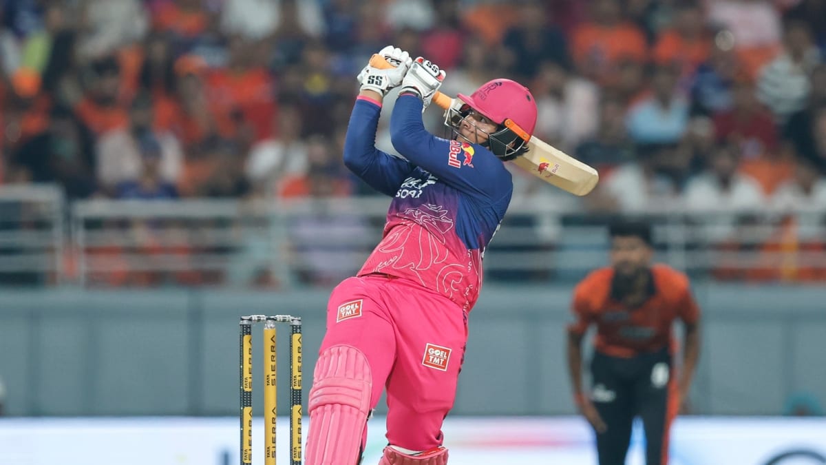 Young cricket player Vaibhav Sooryavanshi celebrating after hitting a six during IPL match