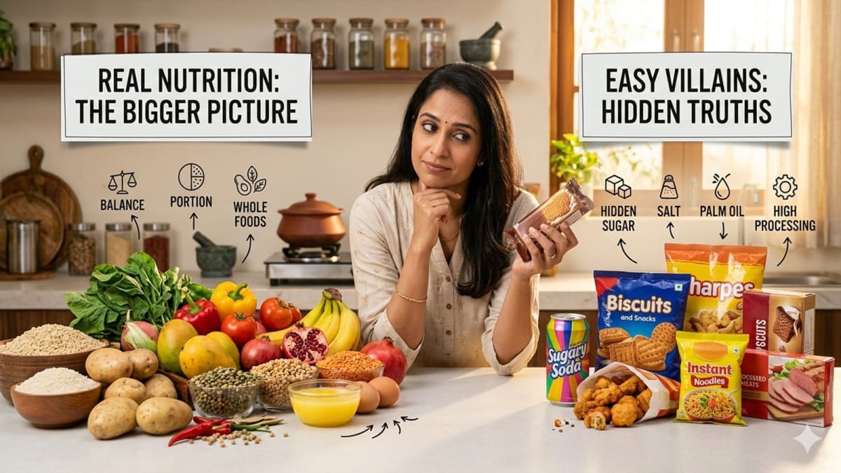 ** Packaged biscuits and processed snacks containing hidden saturated fats and palm oil