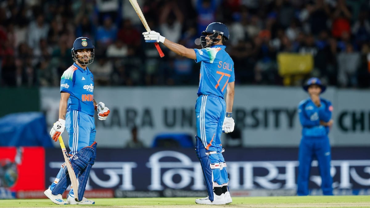 Indian cricket captain Shubman Gill celebrates fifty runs during ODI match in Dharamsala stadium