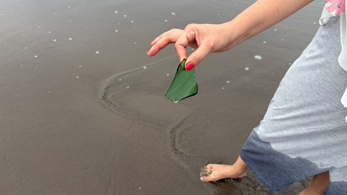 Broken glass bottle shards partially buried in beach sand near water's edge at Morjim Beach