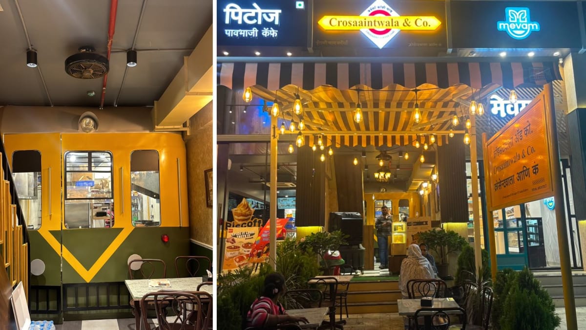 Vintage railway-themed café interior with Indian-style croissants displayed at Crosaaintwala & Co Pune
