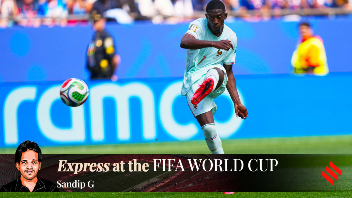 ** Ousmane Dembélé celebrating with French teammates after scoring World Cup goal in Foxborough