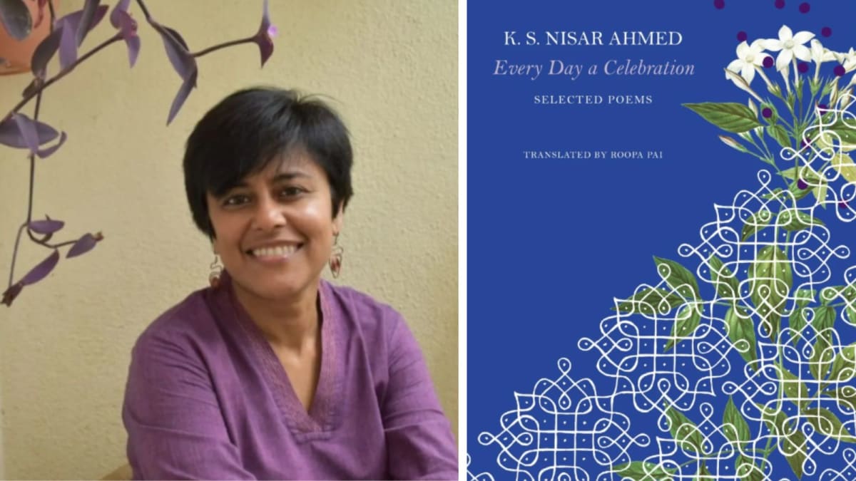 ** Author Roopa Pai holding translated poetry collection of Kannada poet K S Nissar Ahmed