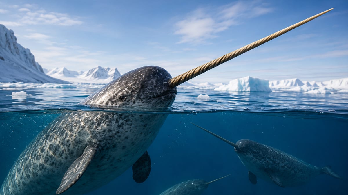 ** Narwhal swimming in Arctic waters showing distinctive spiral tusk extending from upper jaw