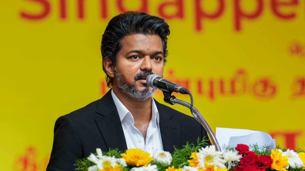 Tamil Nadu Chief Minister Joseph Vijay speaking at podium during Singappen Force inauguration ceremony in Chennai