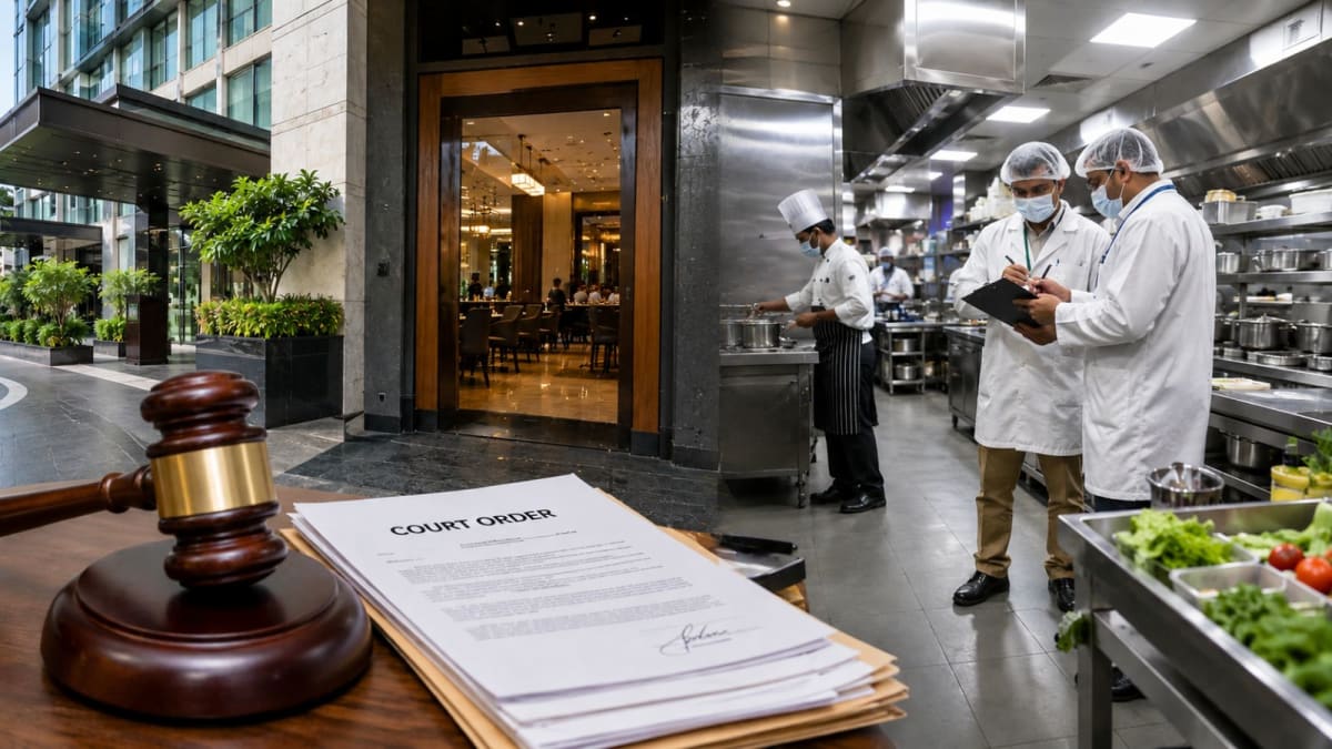 Modern five-star hotel kitchen with stainless steel equipment and chefs preparing food