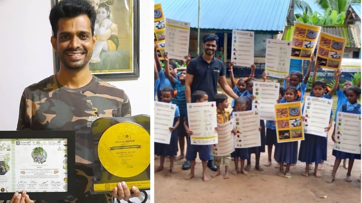 Rahul Bavaji carrying bags of school supplies through forest to tribal children in Karnataka
