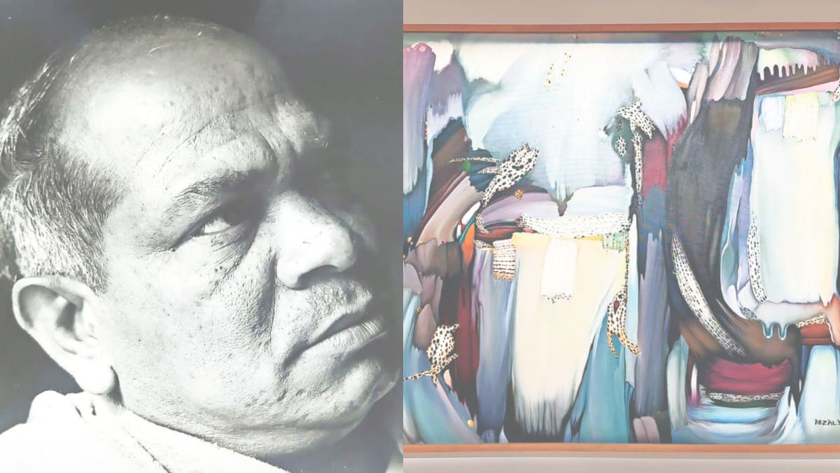 ** Abstract painting by Afzal Pathan featuring fluid sweeping strokes and rural Indian motifs