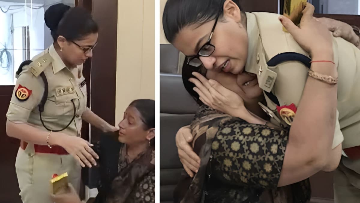 ** Elderly woman on crutches embracing female police superintendent in emotional thank you meeting