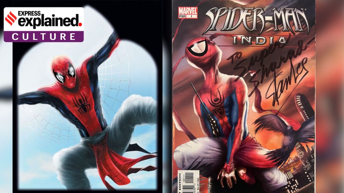** Indian Spider-Man Pavitr Prabhakar in red and blue costume with dhoti elements
