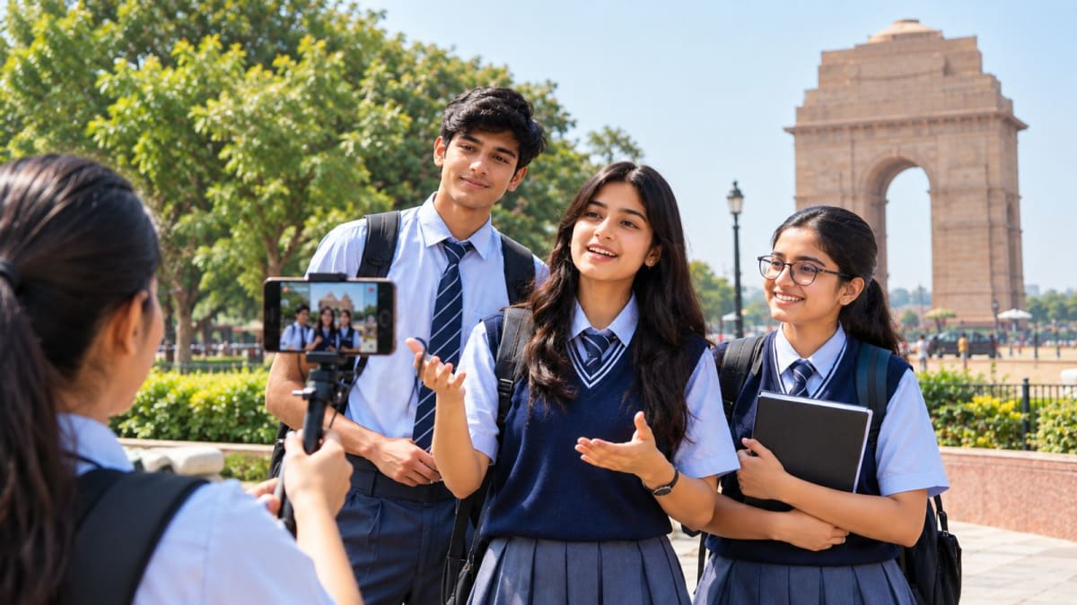 Delhi students collaborating on innovation project with mentor support and technology tools