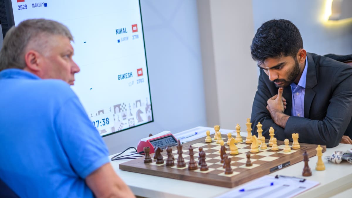 Young Indian chess champion D Gukesh concentrating during his match at the Chess Olympiad