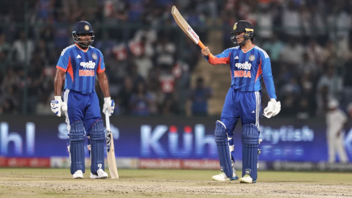 Indian cricket player Abhishek Sharma celebrating after reaching century in record time against Afghanistan