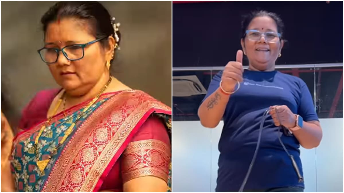 61-year-old Kalavati Thakur lifting weights in gym, showing fitness transformation