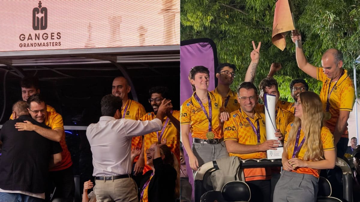 Ganges Grandmasters chess team celebrating their Global Chess League championship victory with trophy