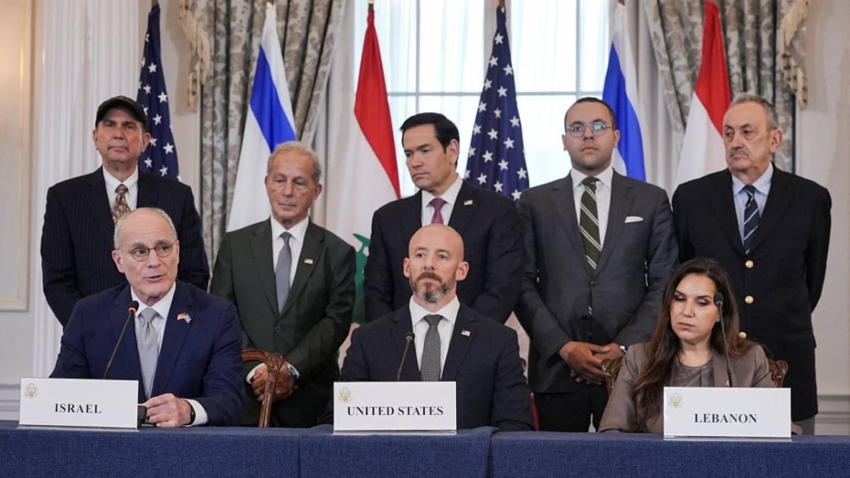 Israeli and Lebanese ambassadors with US Secretary of State signing peace framework agreement