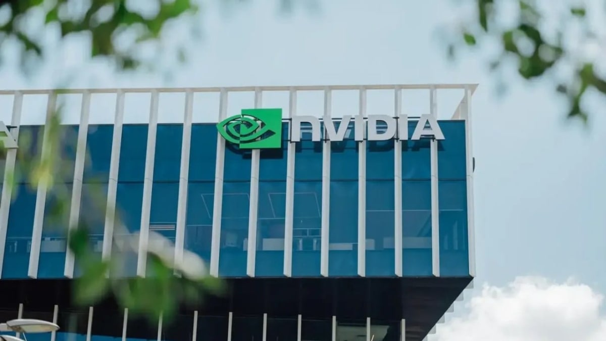 Nvidia office building exterior with company logo displayed prominently on modern glass facade