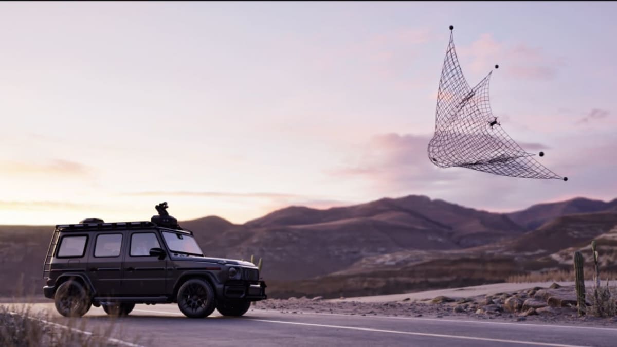 Autonomous drone defense system capturing hostile drone with deployed net interceptor