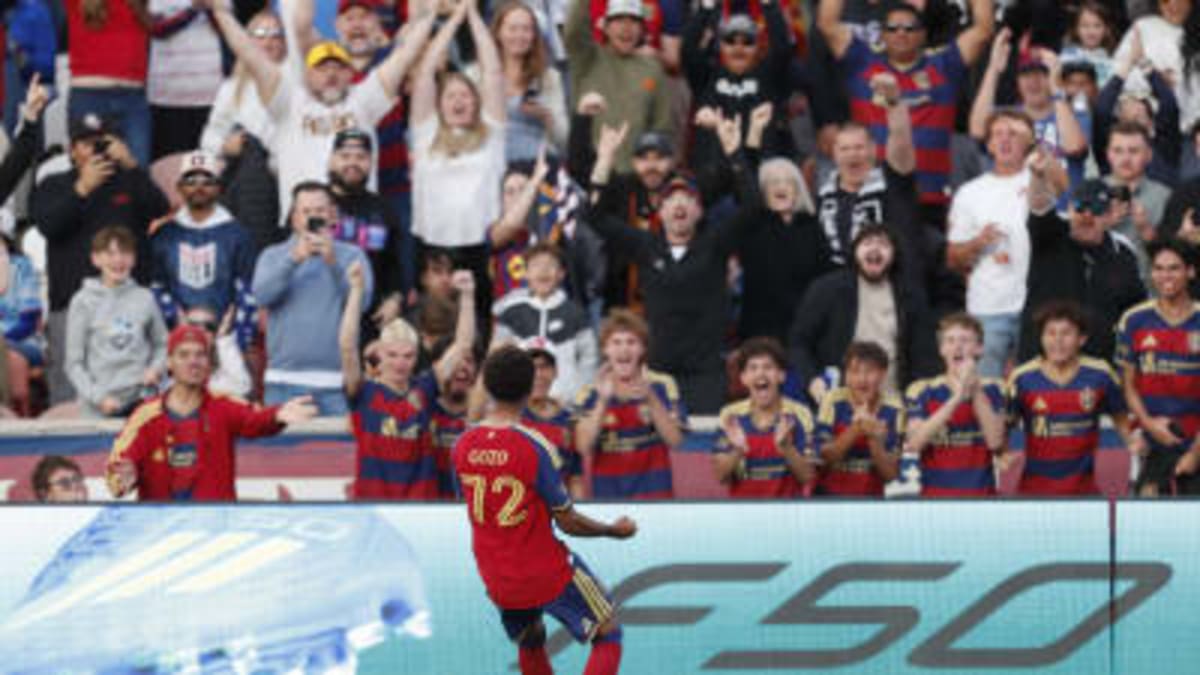 Zavier Gozo celebrating a goal in Real Salt Lake's claret and cobalt uniform